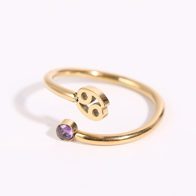 Stainless Steel Zodiac Birthstone Adjustable Cuff Ring