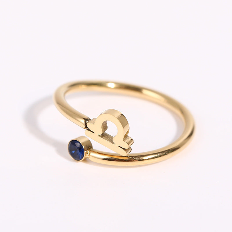 Stainless Steel Zodiac Birthstone Adjustable Cuff Ring