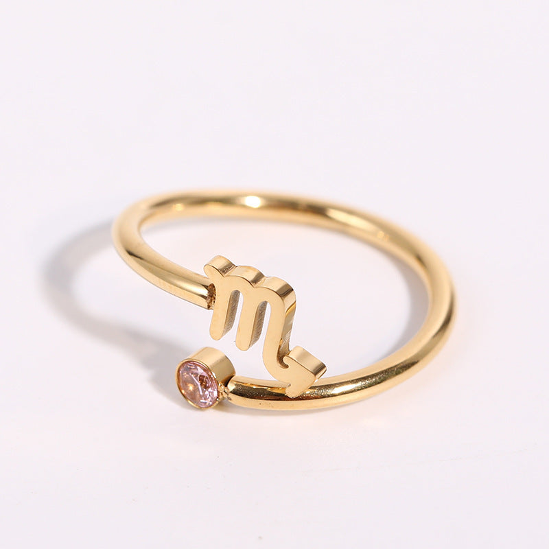 Stainless Steel Zodiac Birthstone Adjustable Cuff Ring