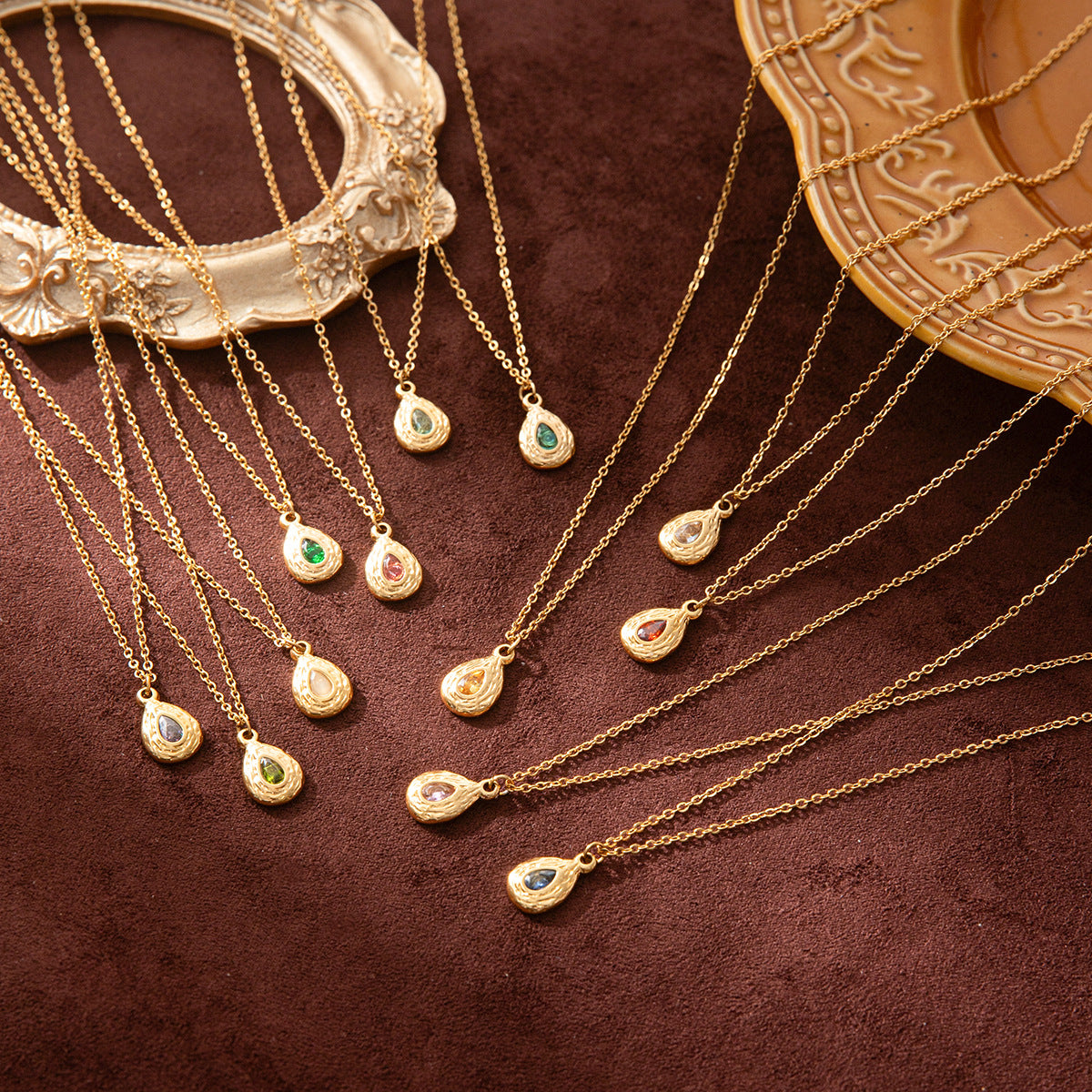 Stainless Steel Texture Water Drop Birthstone Necklace