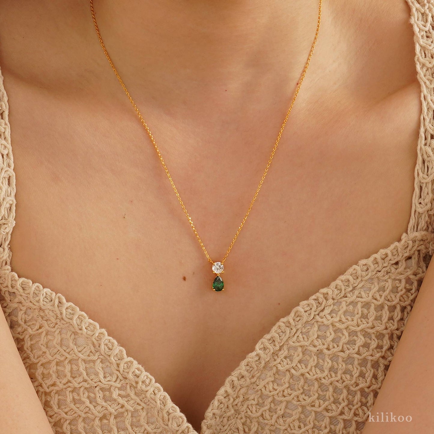 Stainless Steel CZ & Water Drop Birthstone Necklace