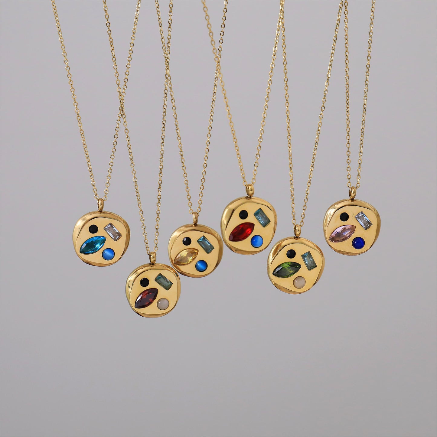 Stainless Steel Irregular Round Inlay Birthstone Pendant Necklace