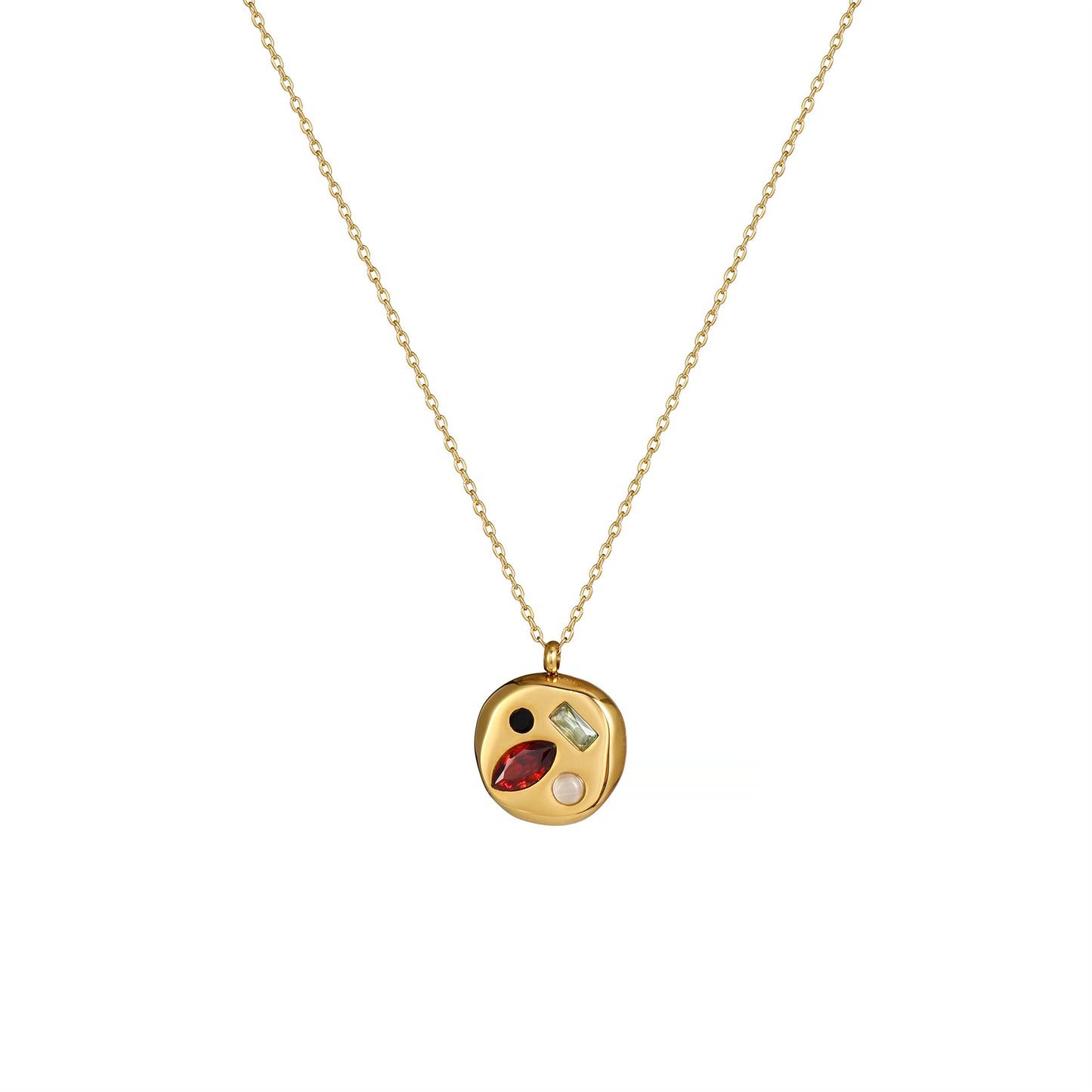 Stainless Steel Irregular Round Inlay Birthstone Pendant Necklace