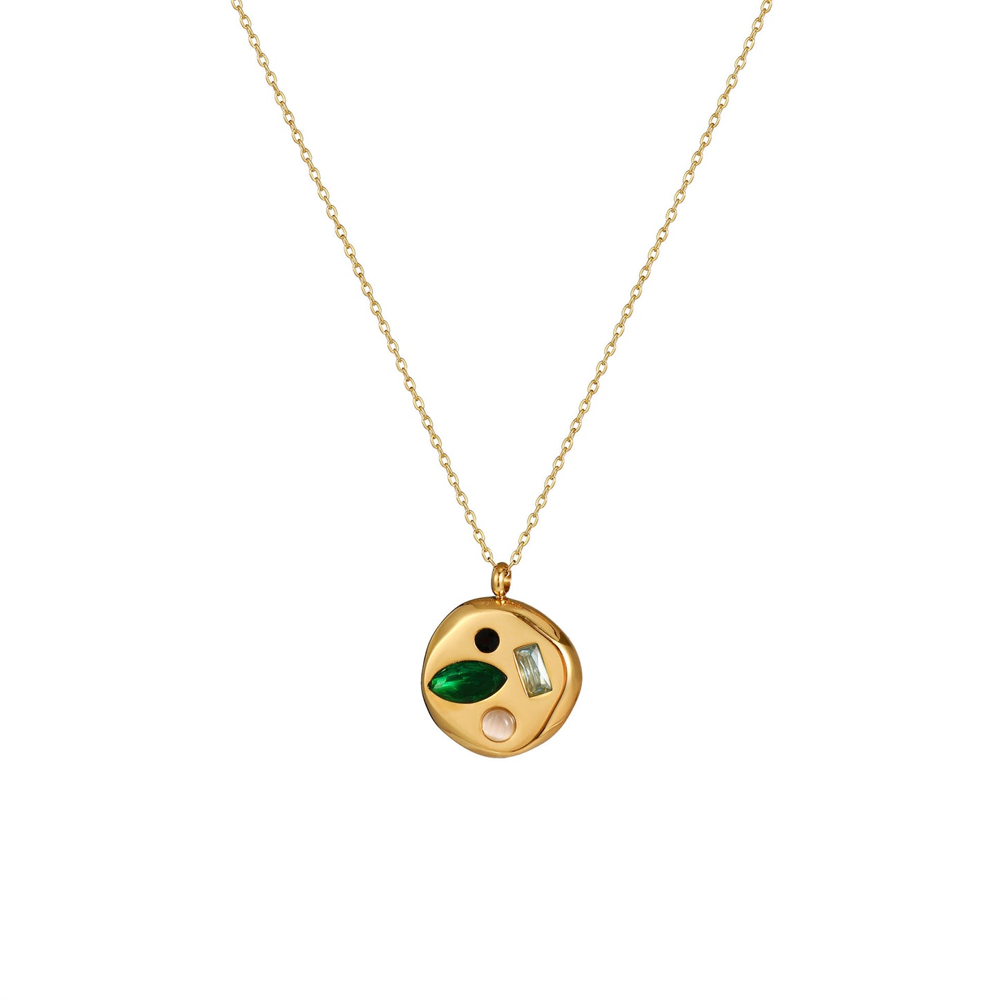 Stainless Steel Irregular Round Inlay Birthstone Pendant Necklace