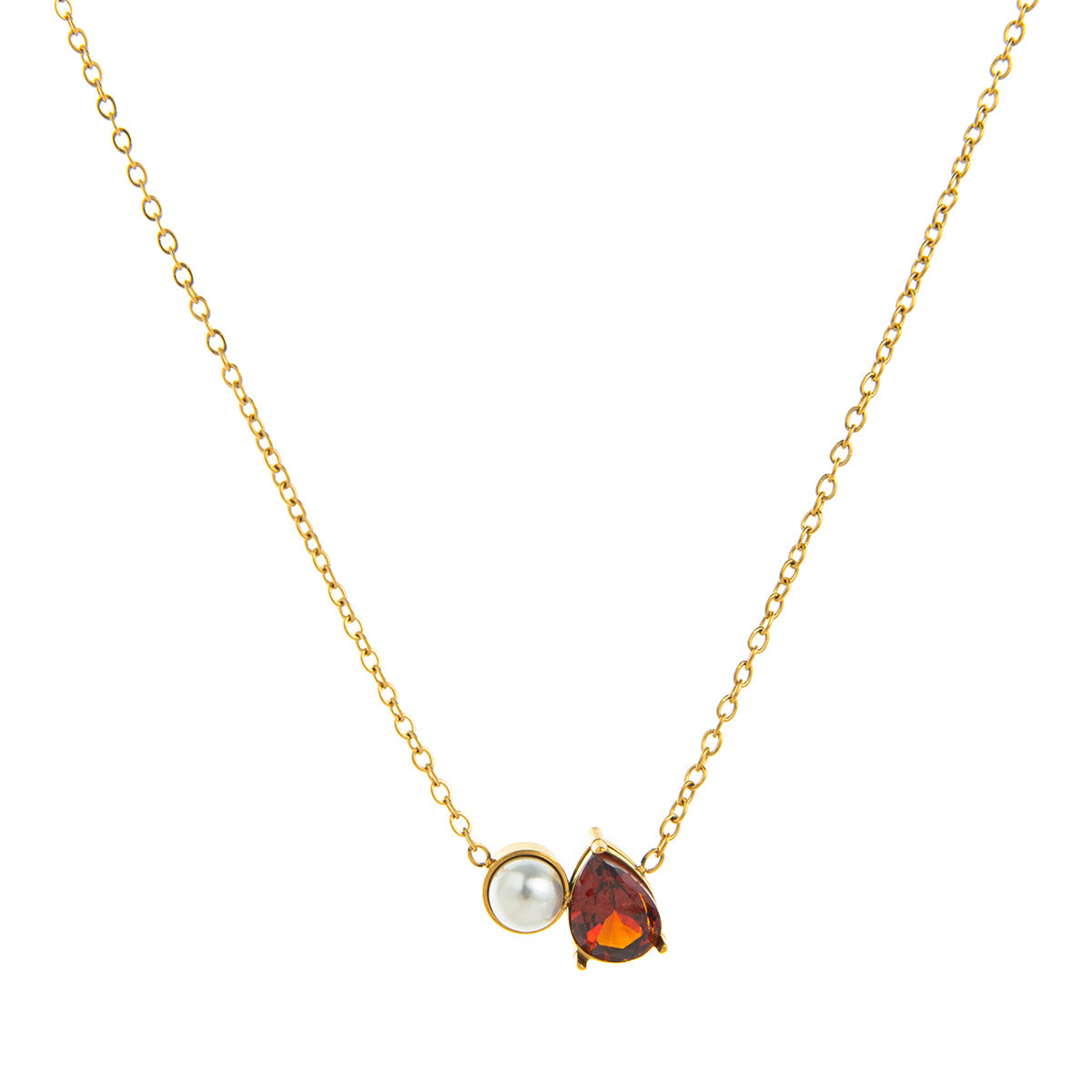 Stainless Steel Pearl & Water Drop Birthstone Necklace