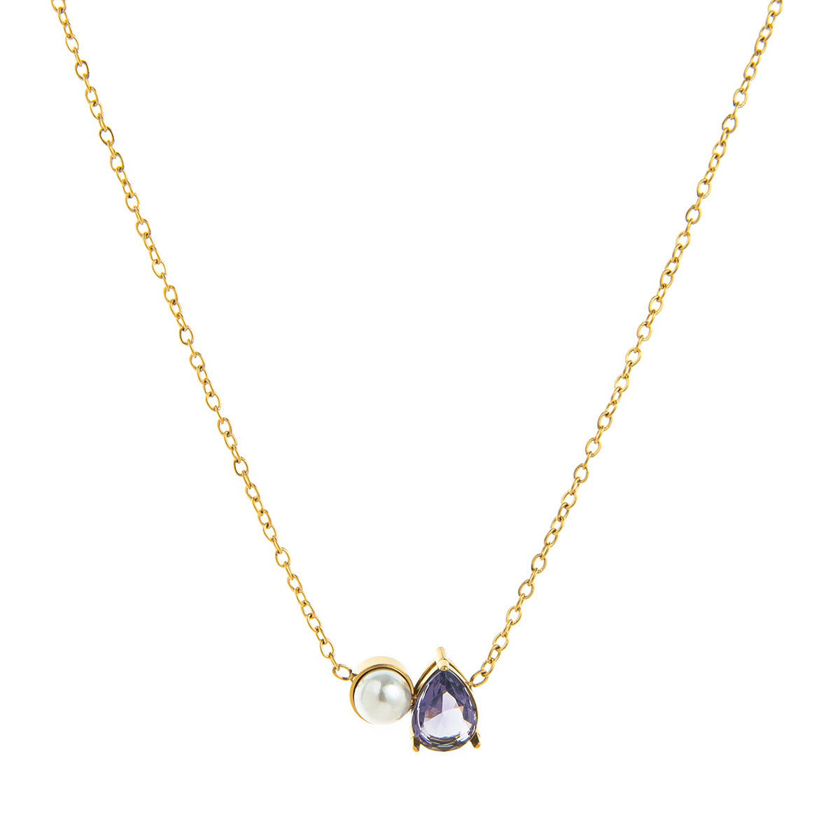 Stainless Steel Pearl & Water Drop Birthstone Necklace