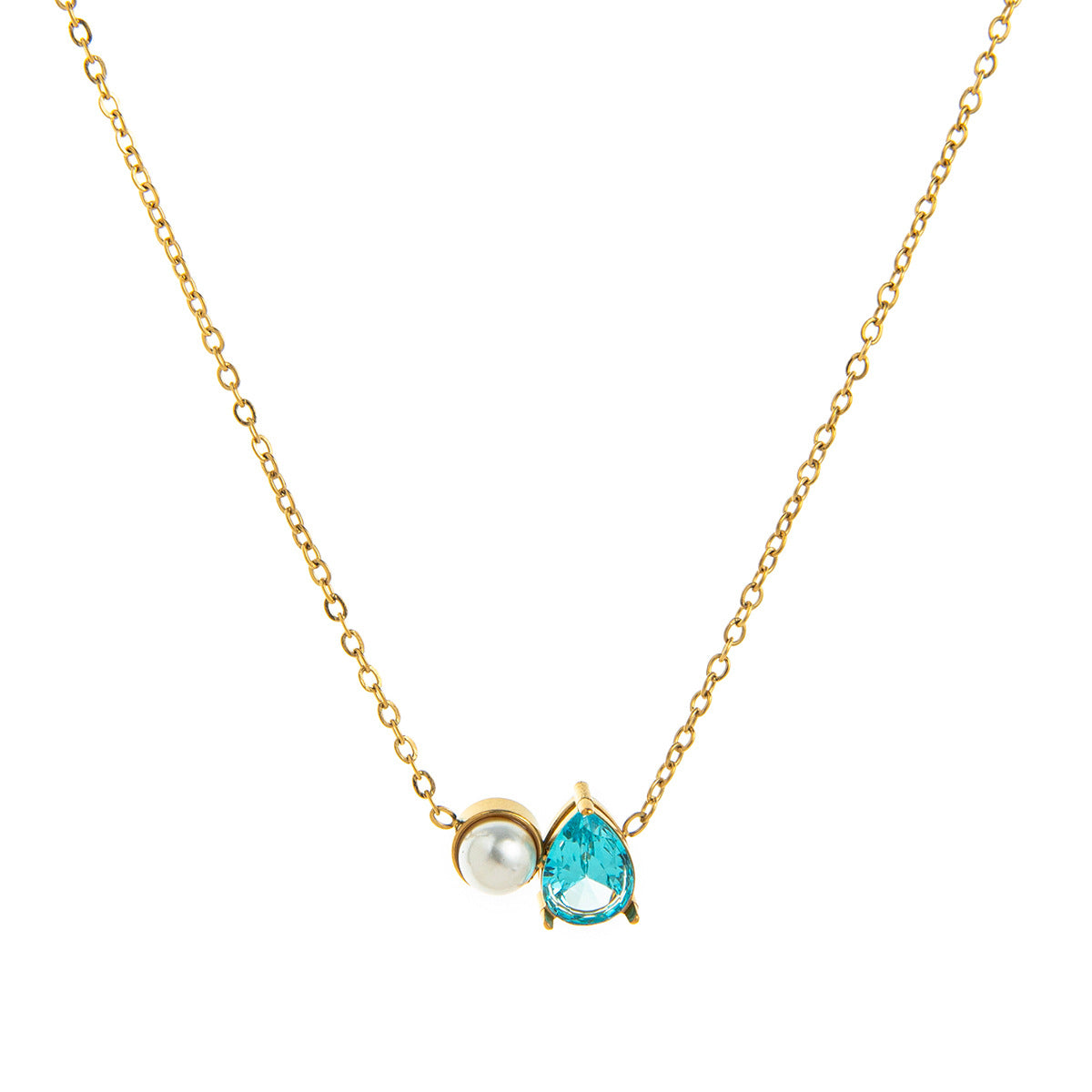 Stainless Steel Pearl & Water Drop Birthstone Necklace