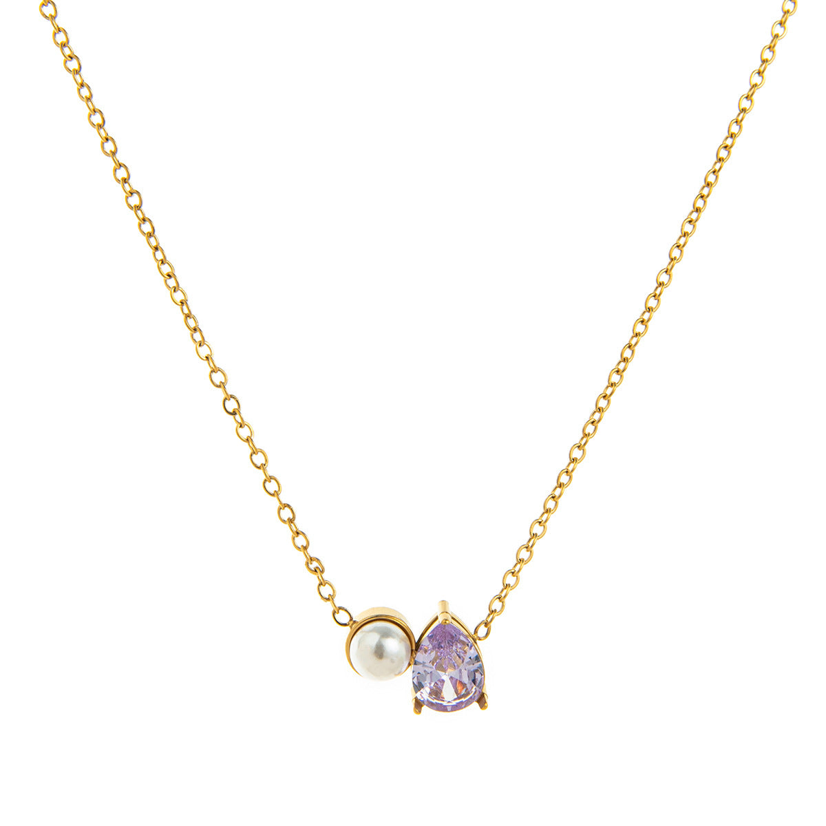 Stainless Steel Pearl & Water Drop Birthstone Necklace