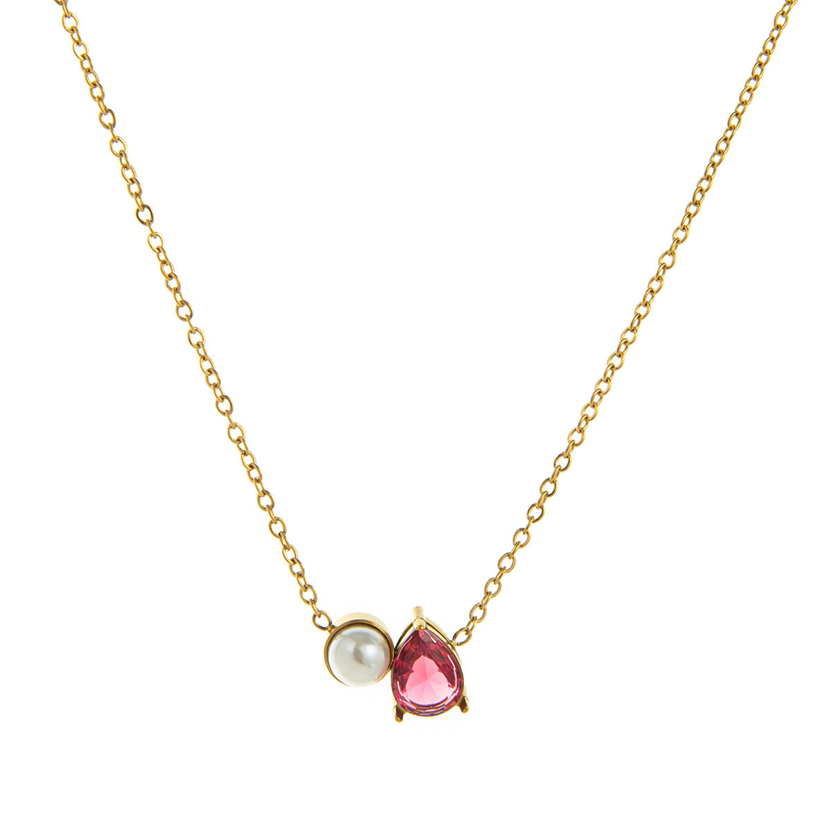 Stainless Steel Pearl & Water Drop Birthstone Necklace