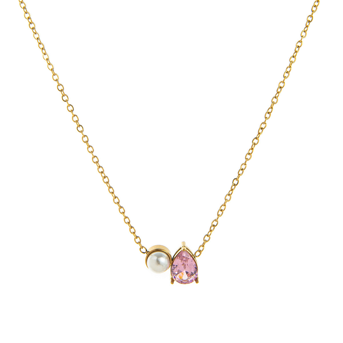 Stainless Steel Pearl & Water Drop Birthstone Necklace