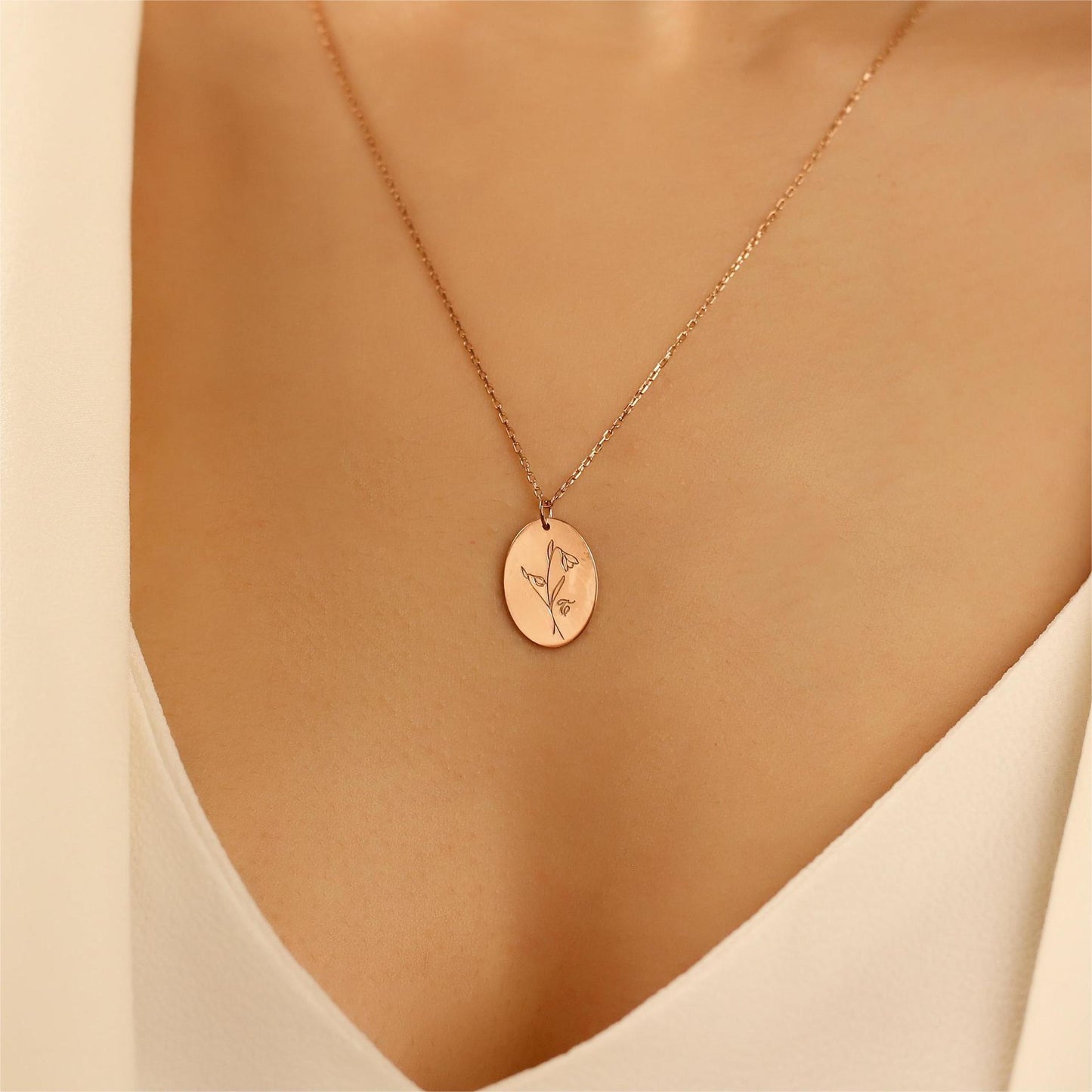 Stainless Steel Oval Birth Flower Pendant Necklace