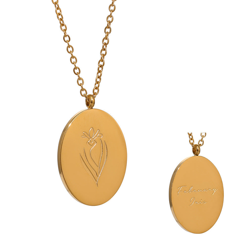Stainless Steel Oval Birth Flower Pendant Necklace