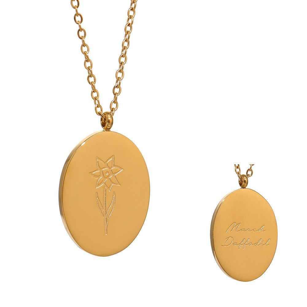 Stainless Steel Oval Birth Flower Pendant Necklace