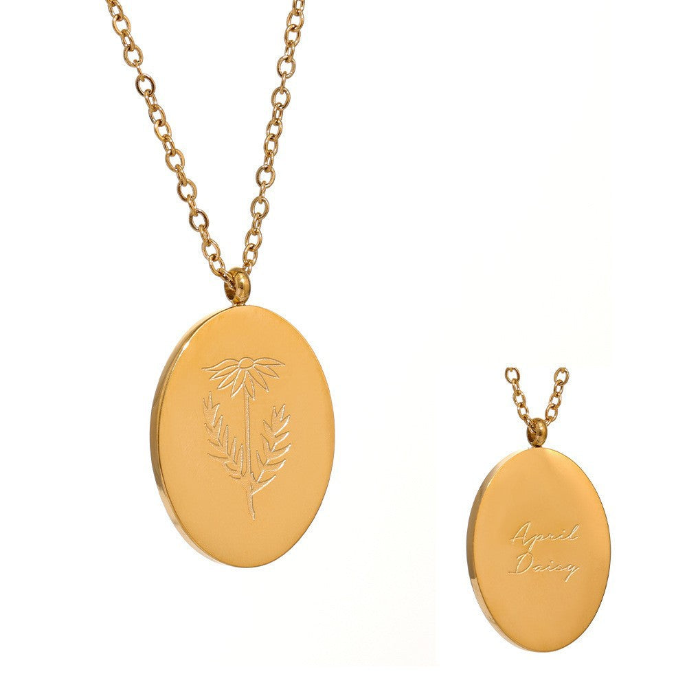 Stainless Steel Oval Birth Flower Pendant Necklace