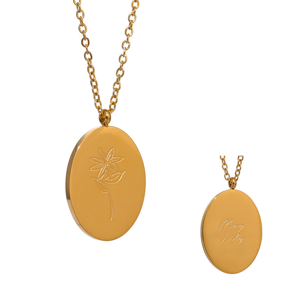 Stainless Steel Oval Birth Flower Pendant Necklace