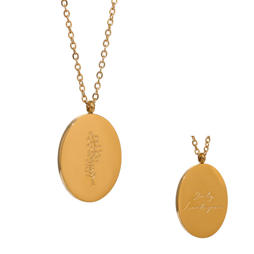 Stainless Steel Oval Birth Flower Pendant Necklace