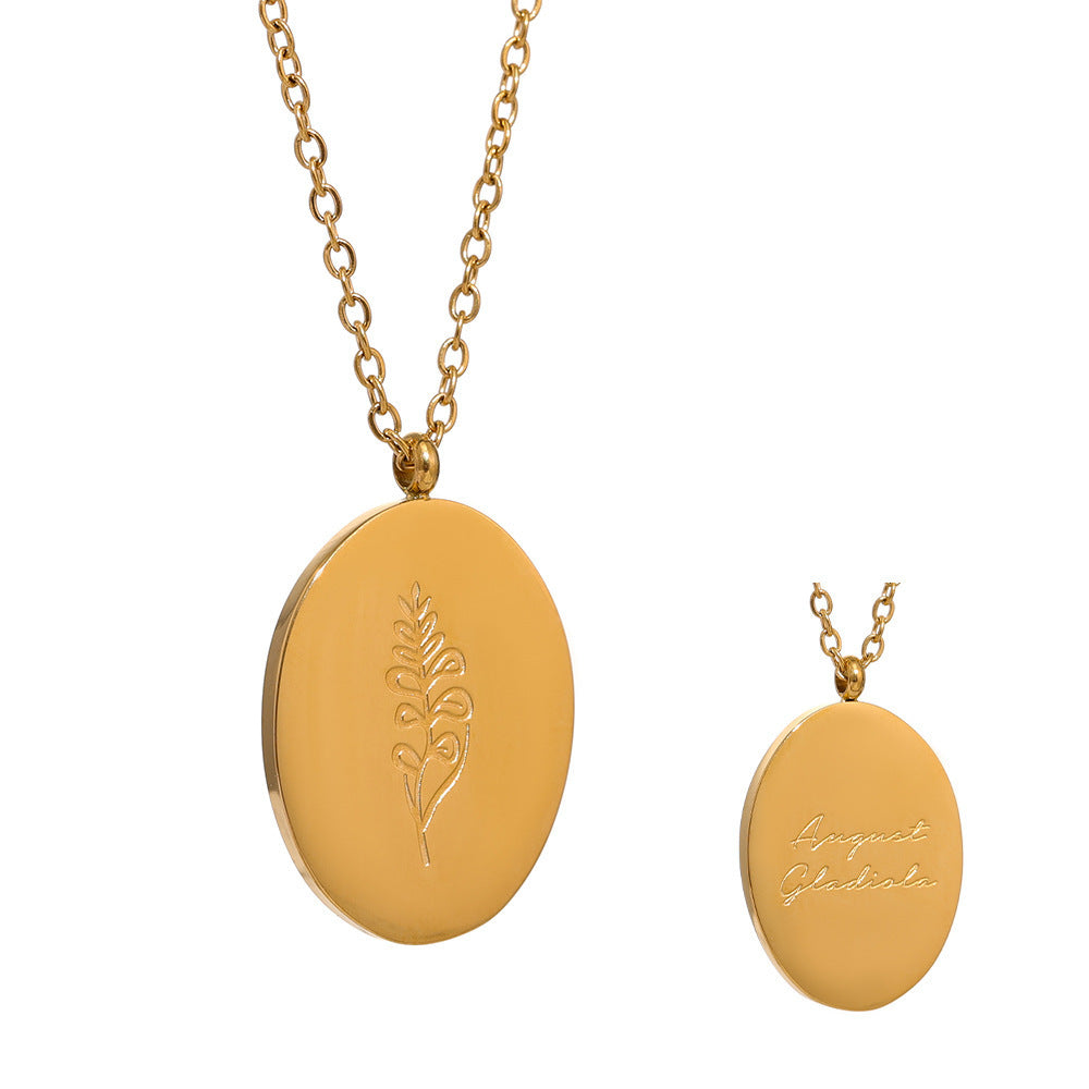 Stainless Steel Oval Birth Flower Pendant Necklace