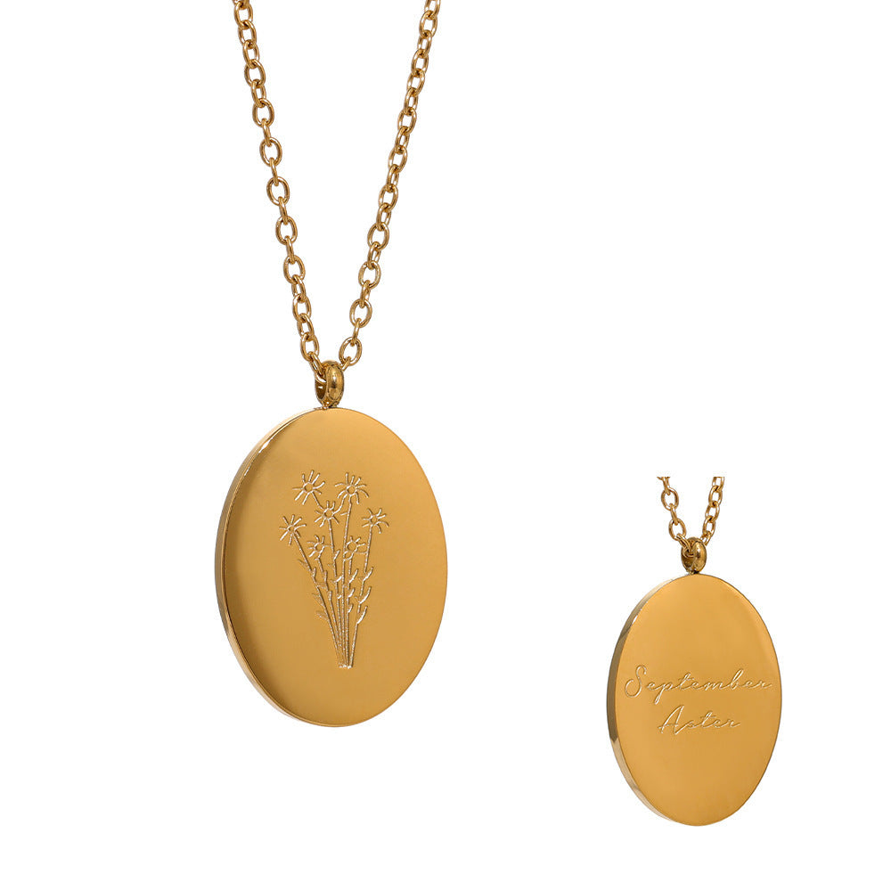 Stainless Steel Oval Birth Flower Pendant Necklace