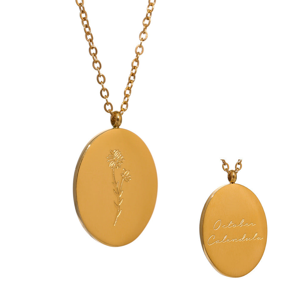 Stainless Steel Oval Birth Flower Pendant Necklace