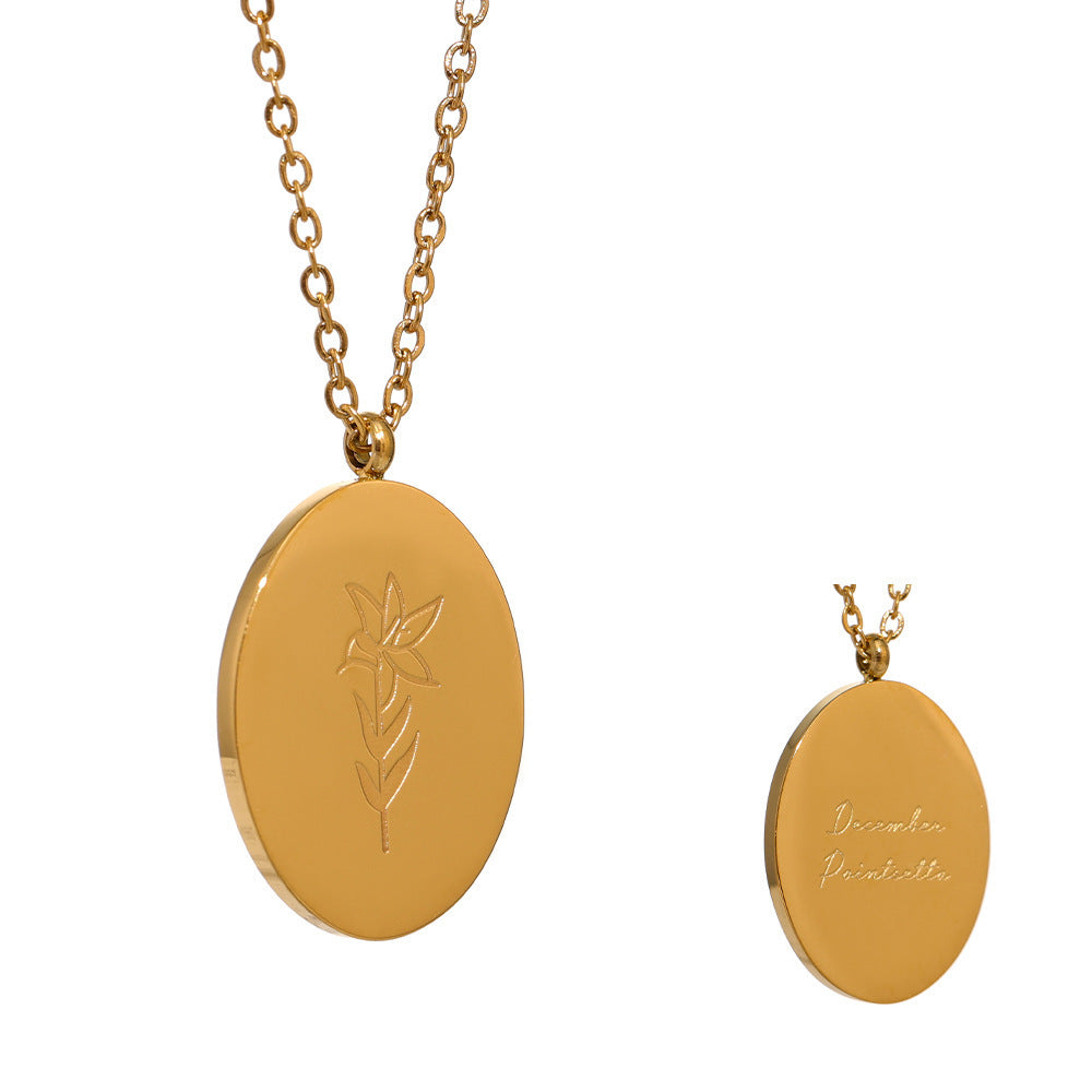 Stainless Steel Oval Birth Flower Pendant Necklace
