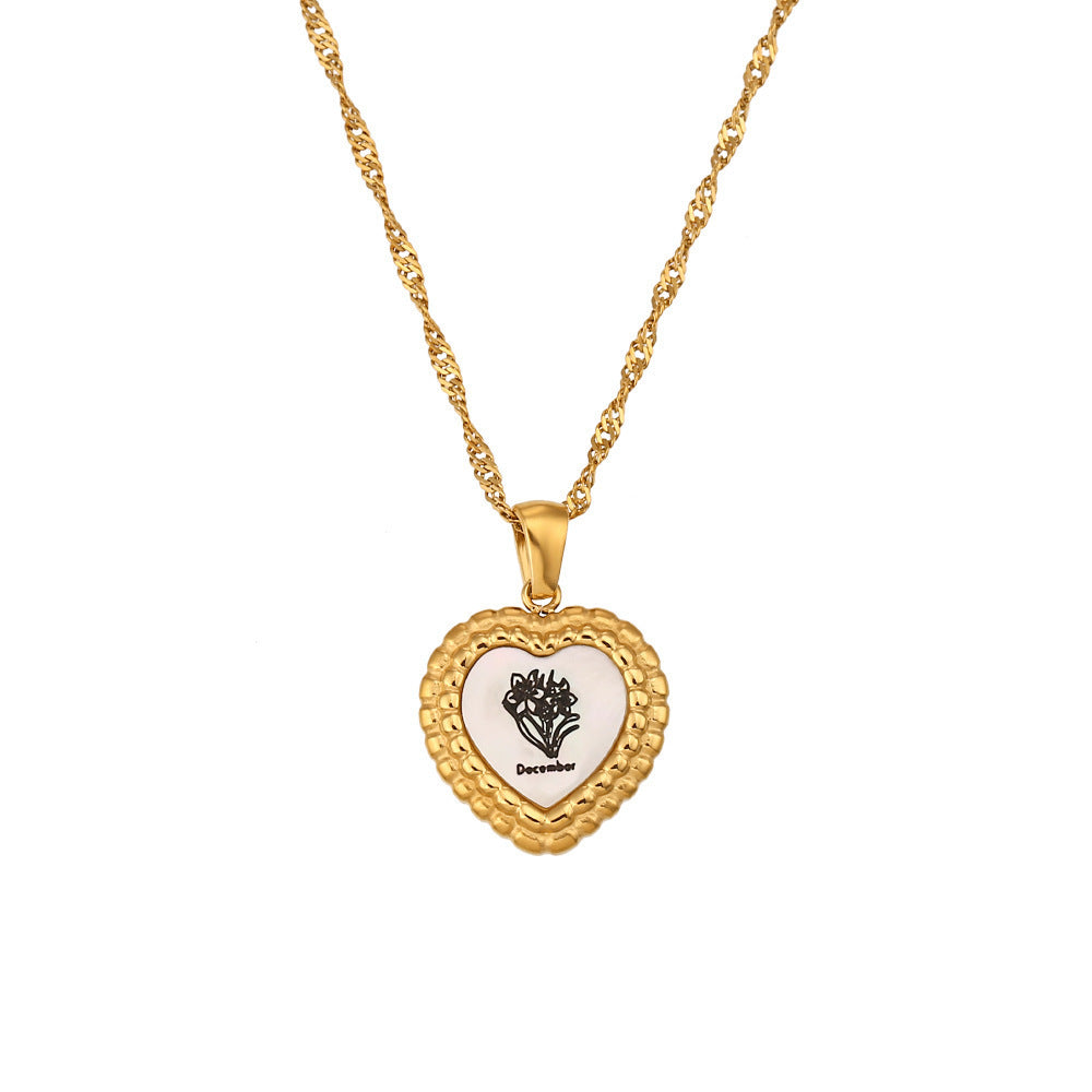 Stainless Steel Heart Shape Birth Flower Pendant Necklace