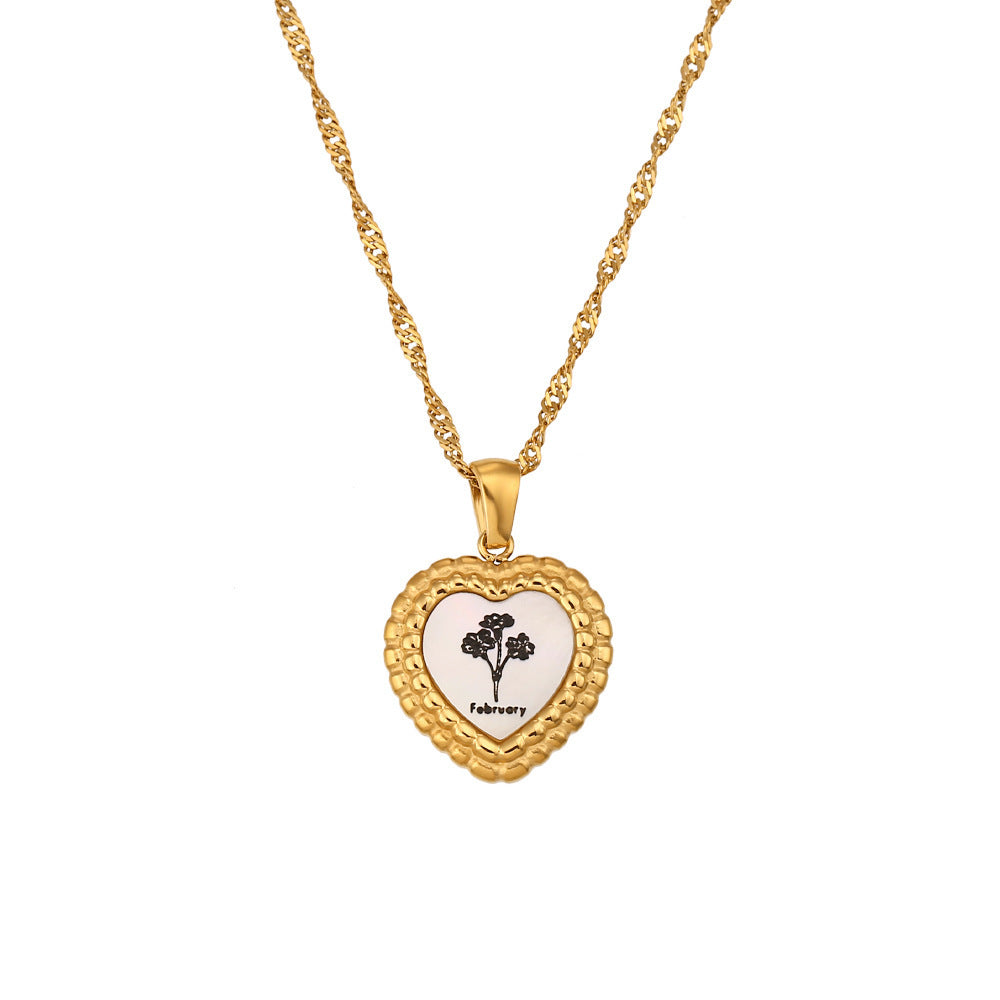 Stainless Steel Heart Shape Birth Flower Pendant Necklace