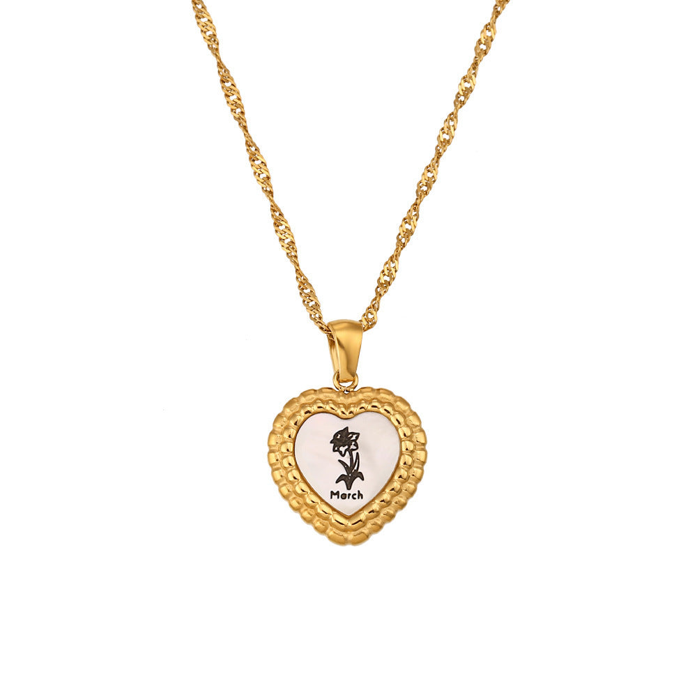Stainless Steel Heart Shape Birth Flower Pendant Necklace