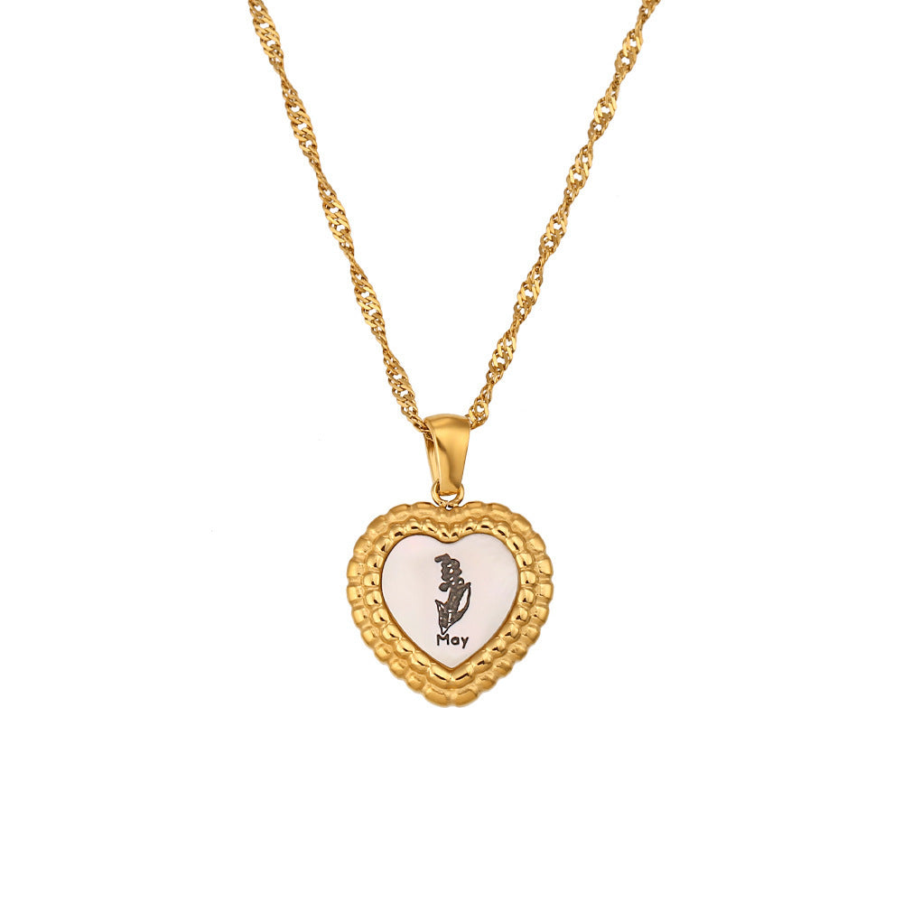 Stainless Steel Heart Shape Birth Flower Pendant Necklace