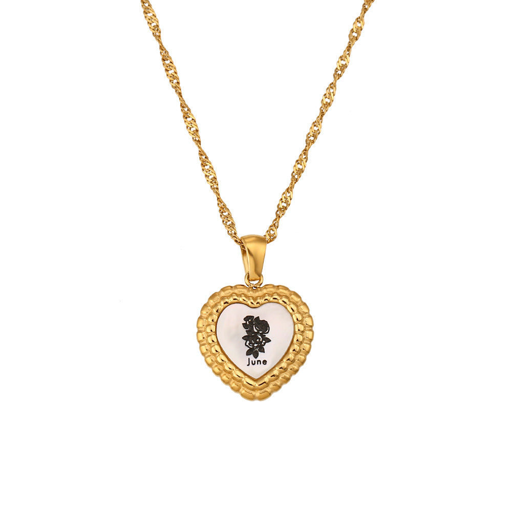 Stainless Steel Heart Shape Birth Flower Pendant Necklace