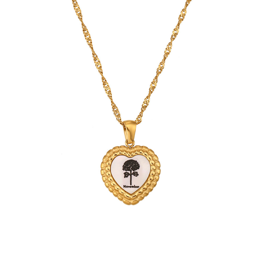 Stainless Steel Heart Shape Birth Flower Pendant Necklace