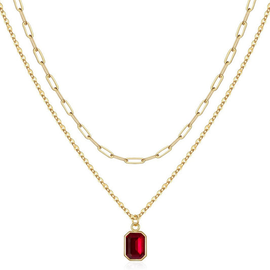 Rectangular Pendant Double Layer Birthstone Necklace