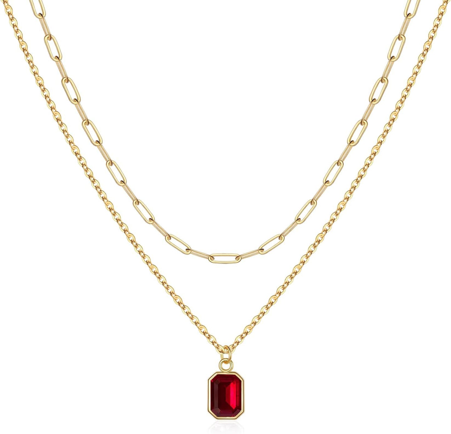 Rectangular Pendant Double Layer Birthstone Necklace