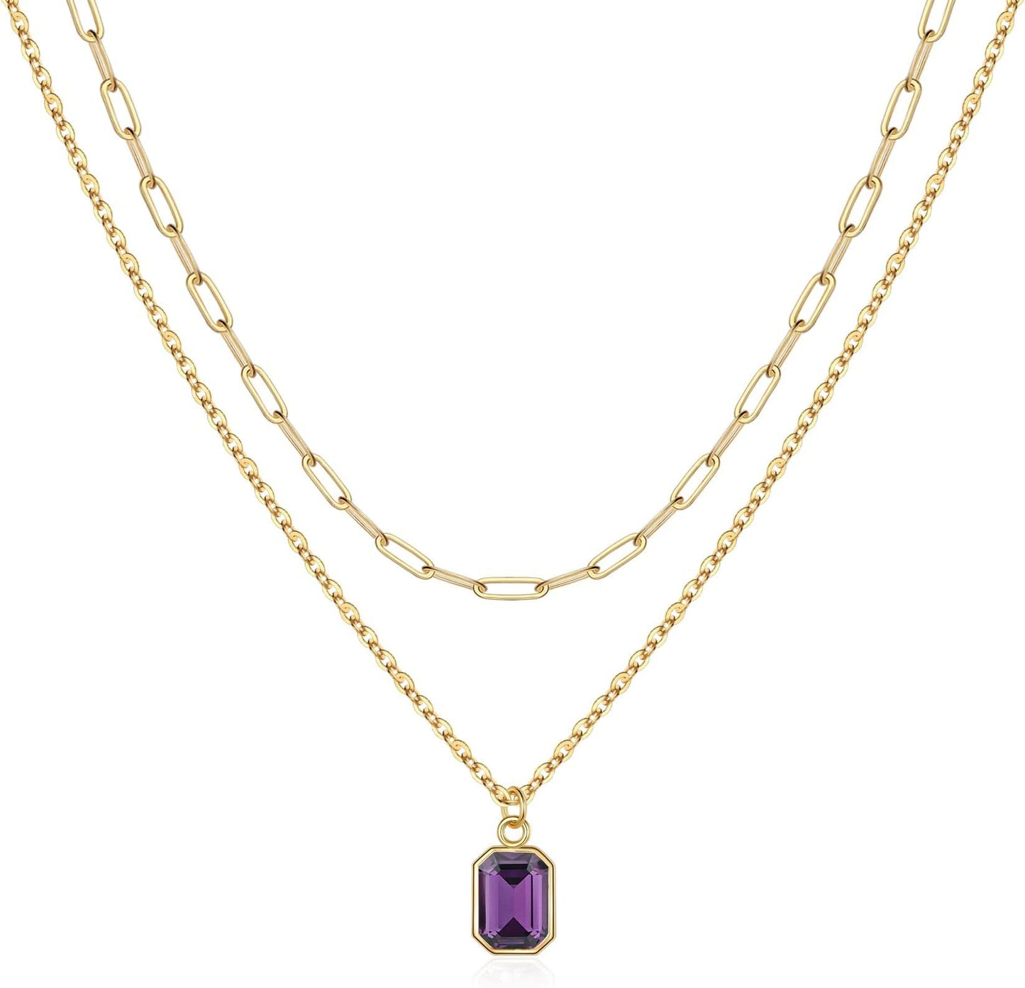 Rectangular Pendant Double Layer Birthstone Necklace