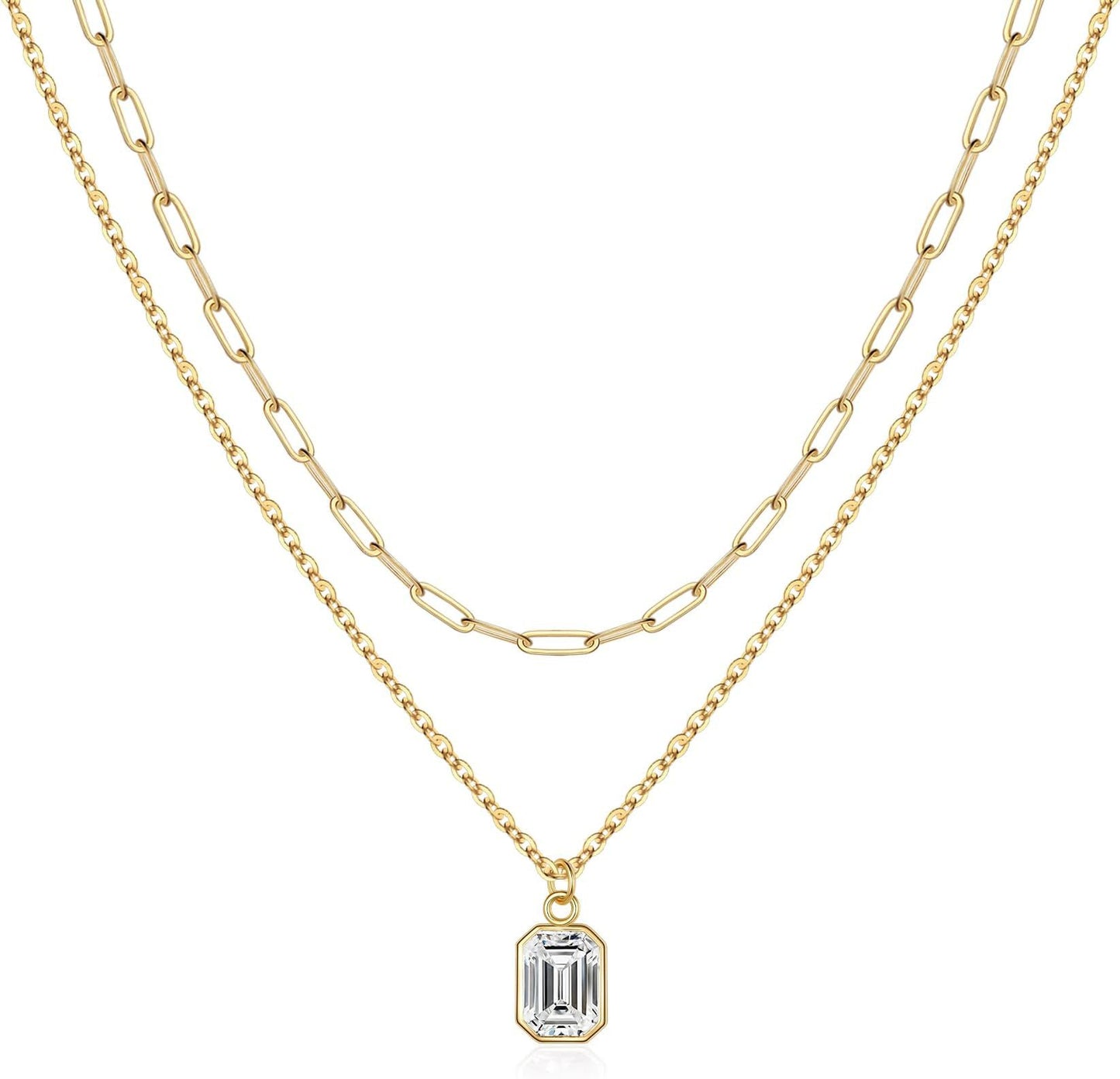 Rectangular Pendant Double Layer Birthstone Necklace
