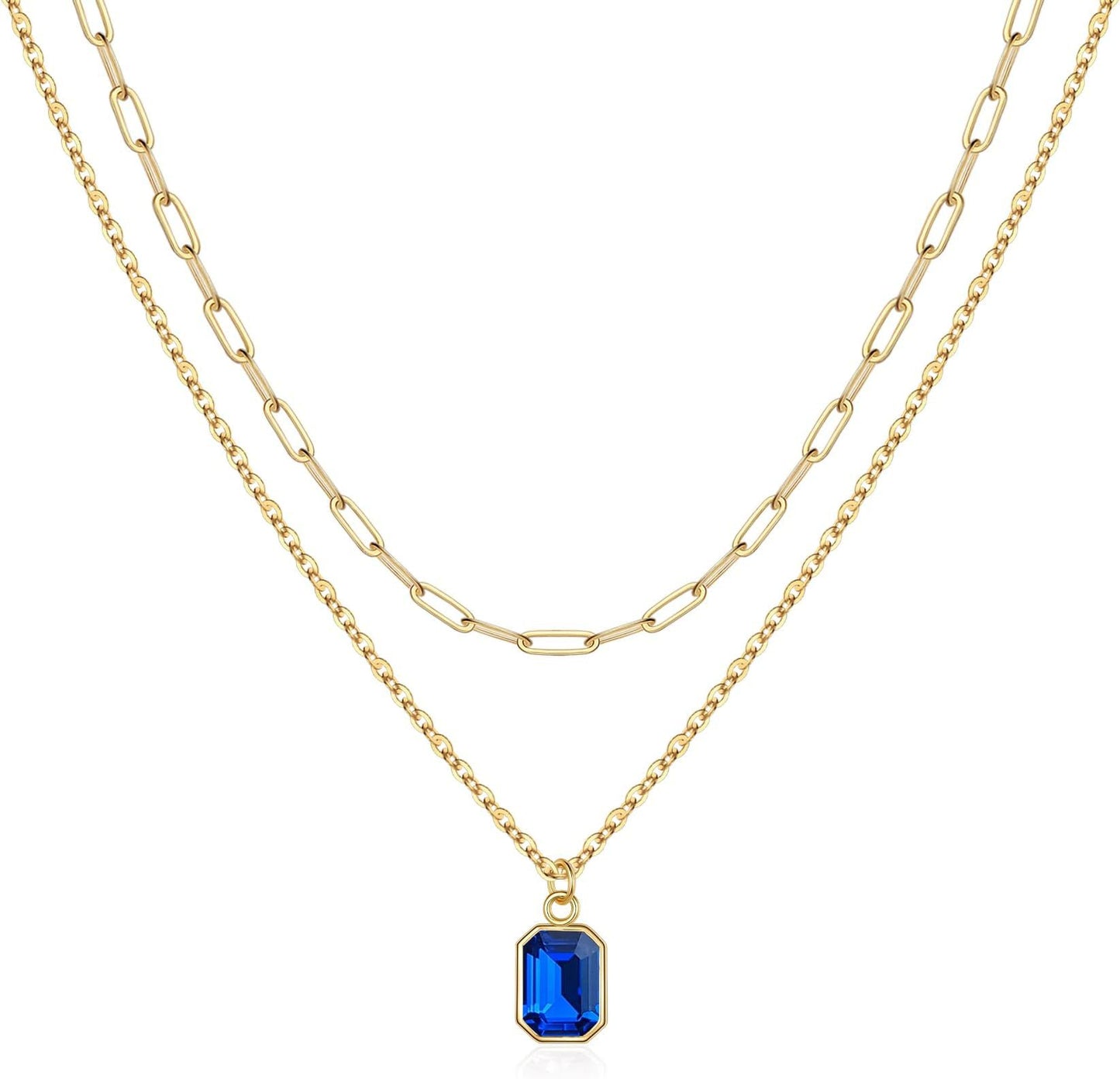 Rectangular Pendant Double Layer Birthstone Necklace