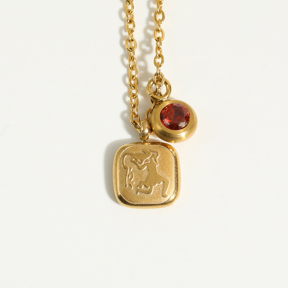 Stainless Steel Square Zodiac Pendant Birthstone Necklace