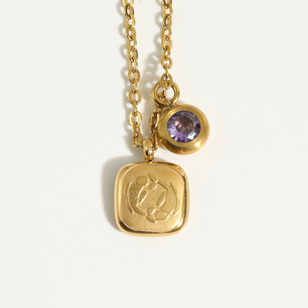 Stainless Steel Square Zodiac Pendant Birthstone Necklace
