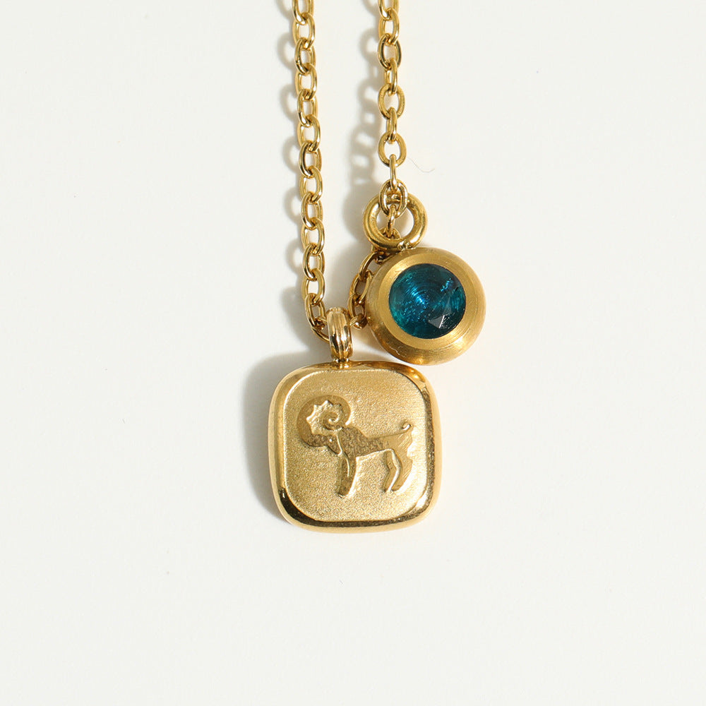 Stainless Steel Square Zodiac Pendant Birthstone Necklace