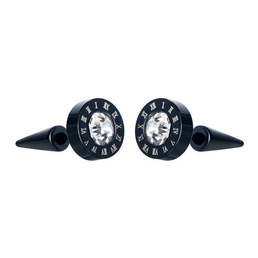 Stainless Steel Roman Numeral Round Inlay CZ Stud Earrings