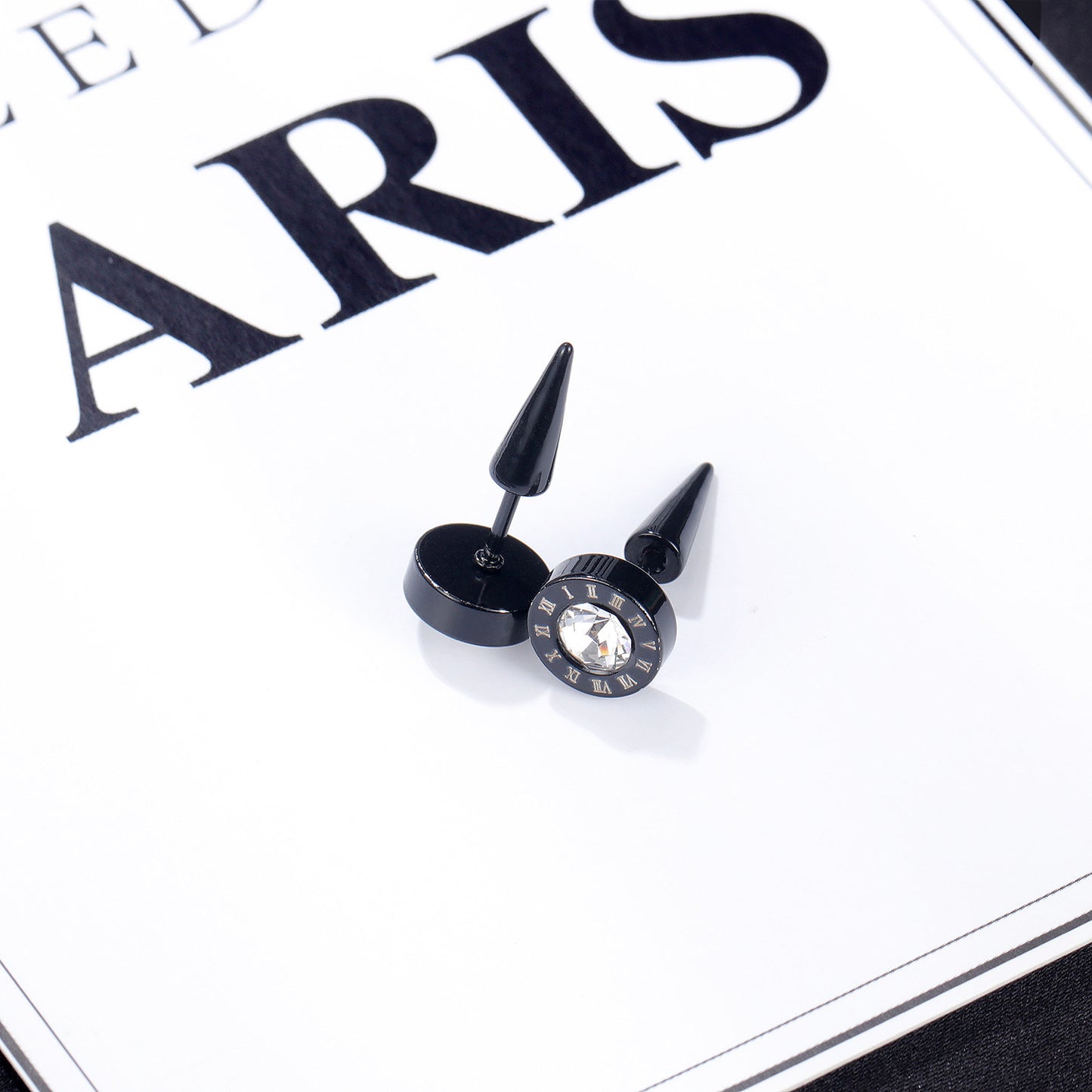 Stainless Steel Roman Numeral Round Inlay CZ Stud Earrings