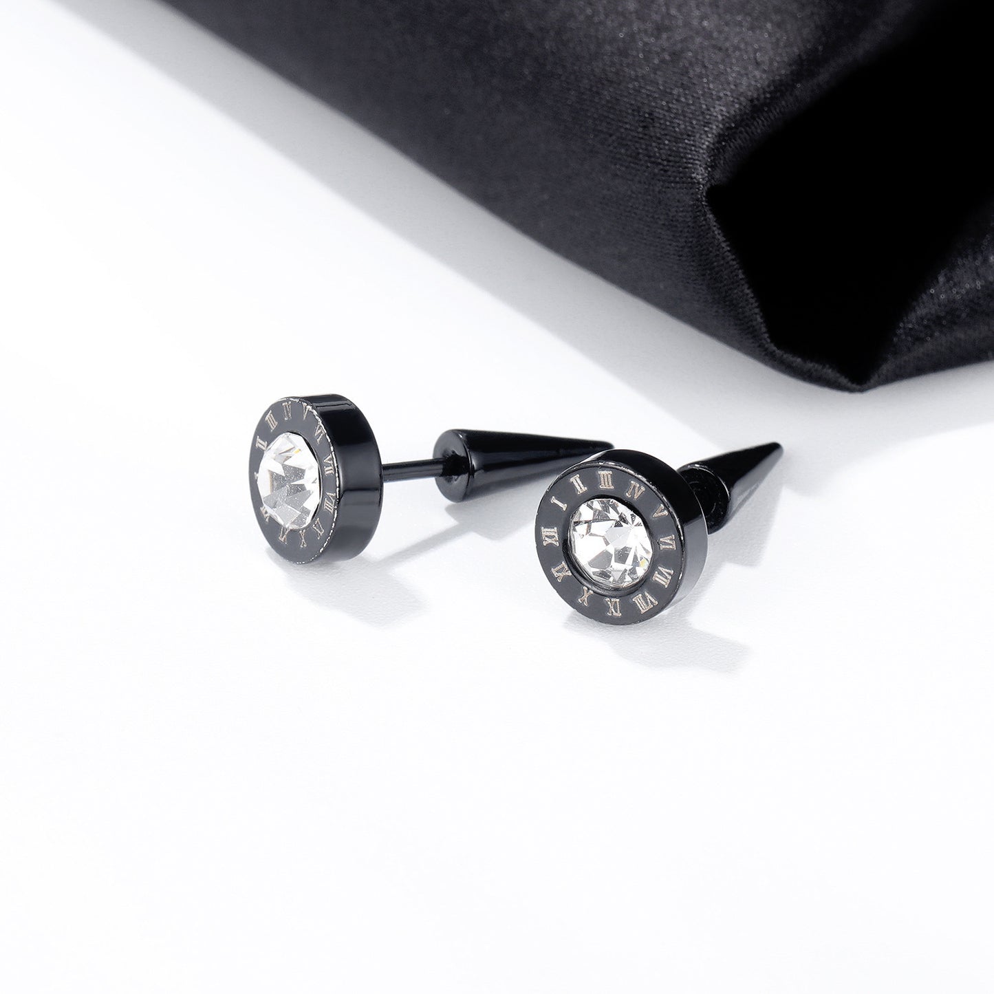 Stainless Steel Roman Numeral Round Inlay CZ Stud Earrings