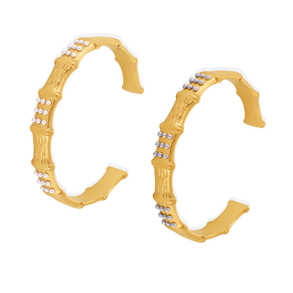 Stainless Steel Bamboo Shape Inlay Imitation Pearl Cuff Bracelet