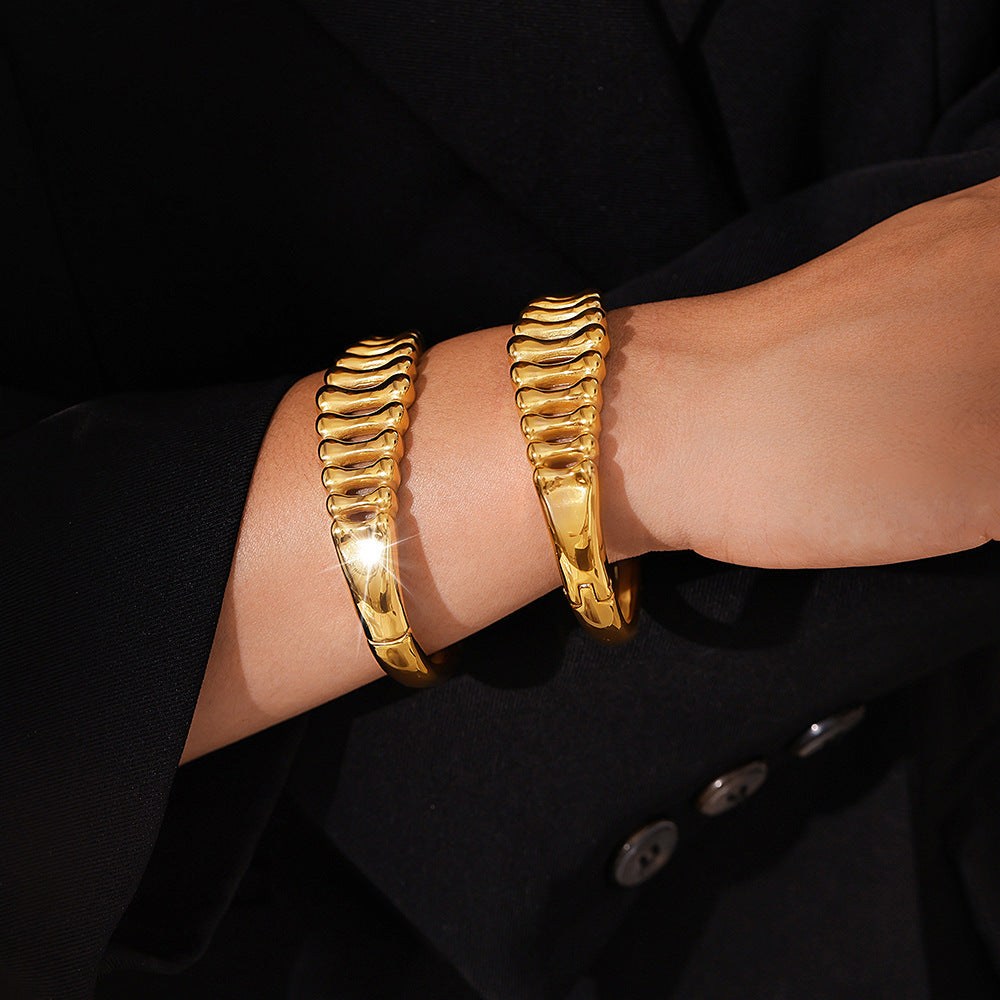 Stainless Steel Fishbone Texture Hollow Bangle Bracelet