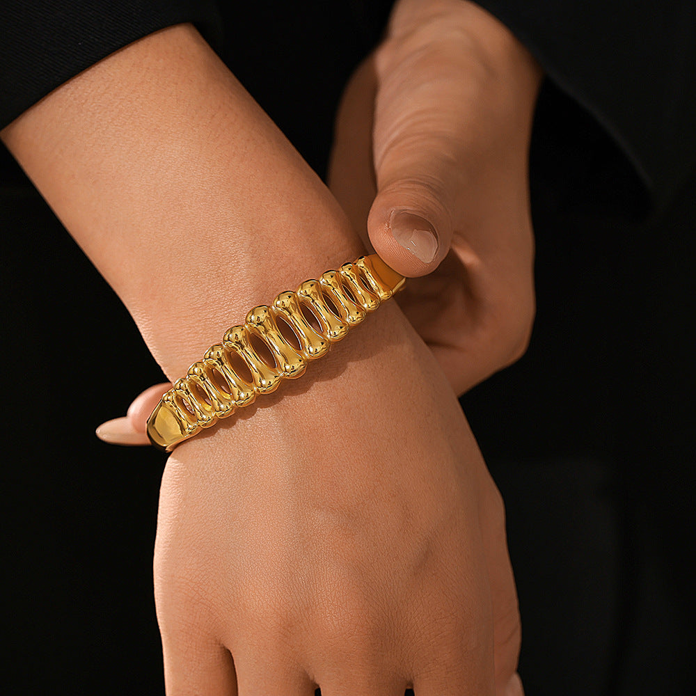 Stainless Steel Fishbone Texture Hollow Bangle Bracelet