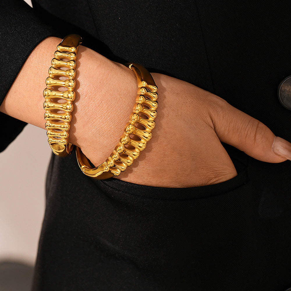 Stainless Steel Fishbone Texture Hollow Bangle Bracelet