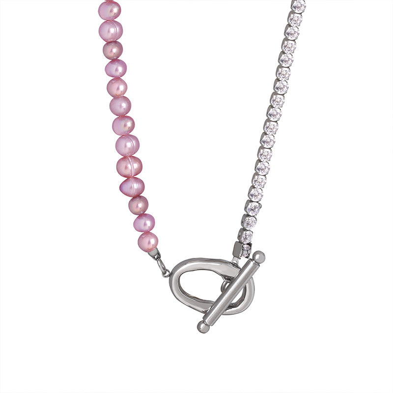 Lilac Freshwater Pearl Splicing Tennis Chain OT Buckle Necklace