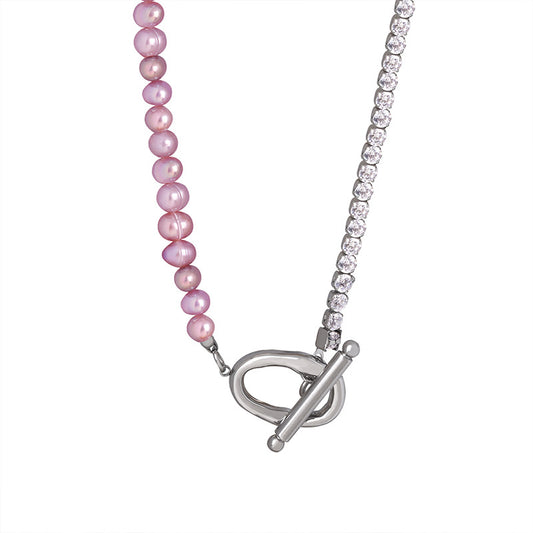 Lilac Freshwater Pearl Splicing Tennis Chain OT Buckle Necklace