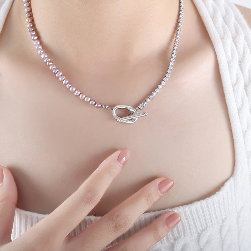 Lilac Freshwater Pearl Splicing Tennis Chain OT Buckle Necklace