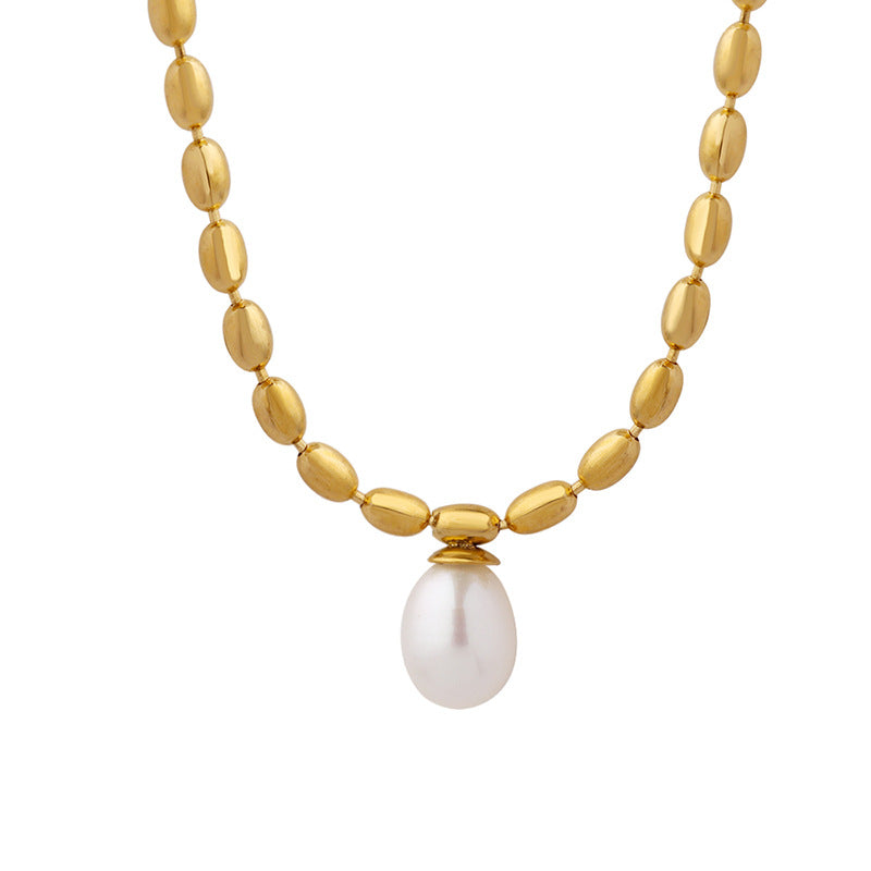 Stainless Steel Oval Bead Chain Freshwater Pearl Pendant Necklace