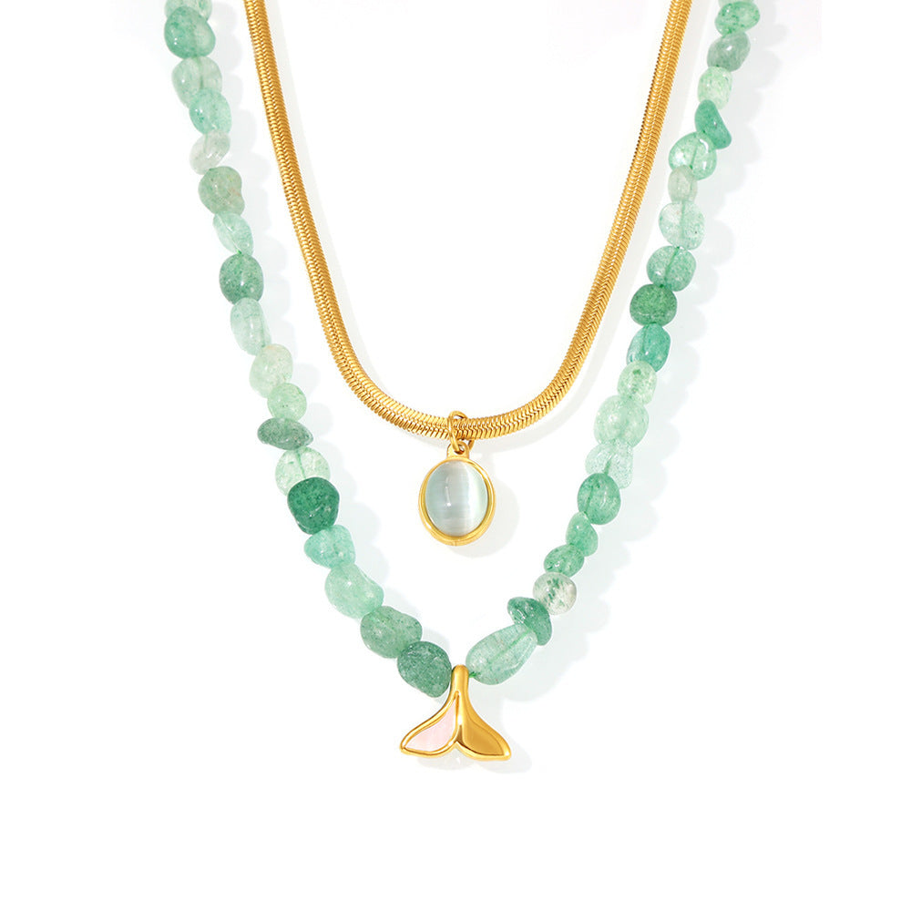 Stainless Steel Snake Chain Fishtail Pendant Natural Stone Beads Double Layer Necklace